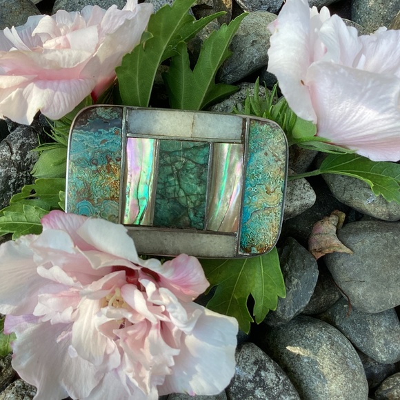 Vintage Silver Turquoise Mother Of Pearl Quartz Stones Inlay Belt Buckle - Picture 3 of 14